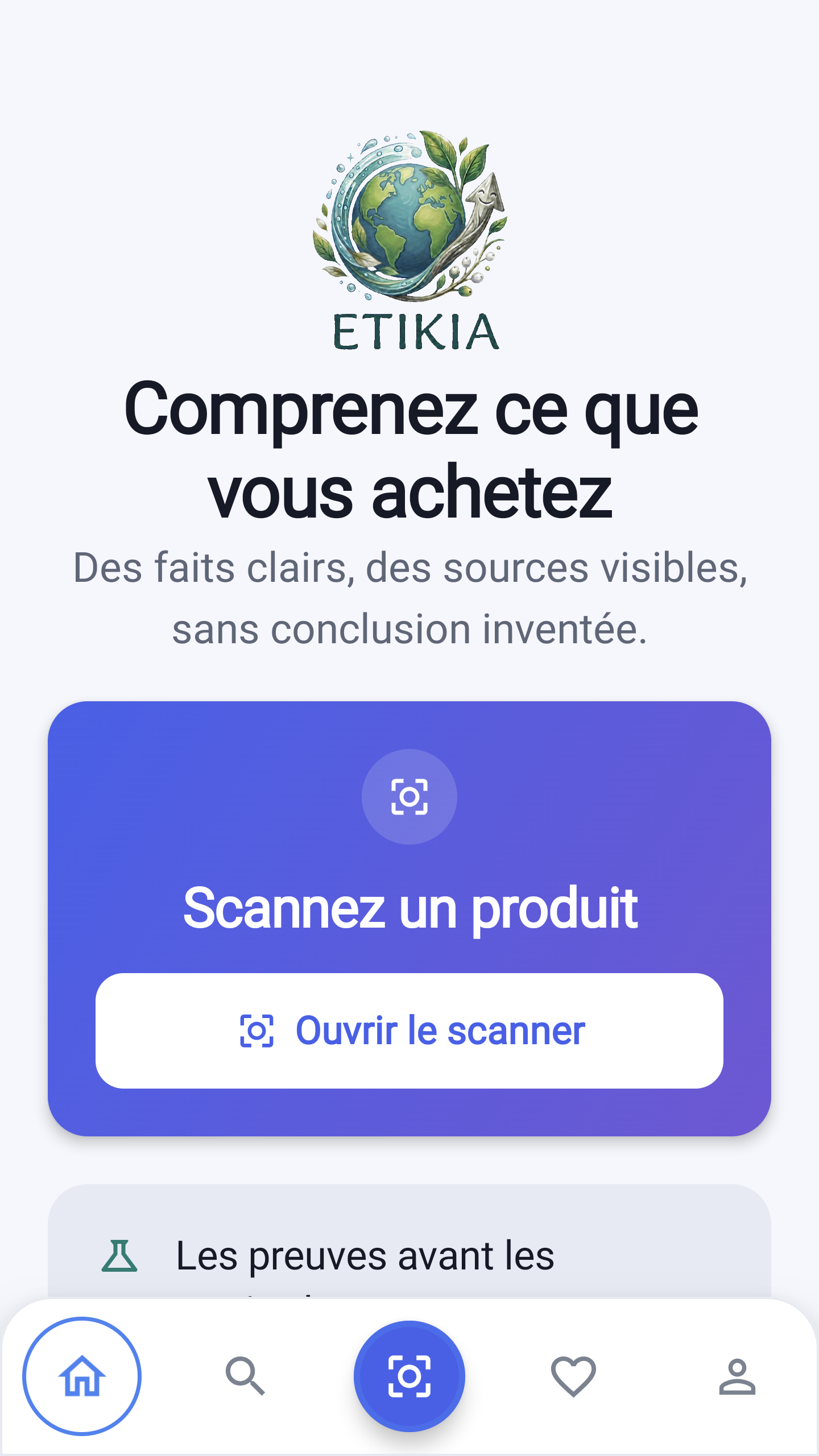 Écran d’accueil de l’application Etikia