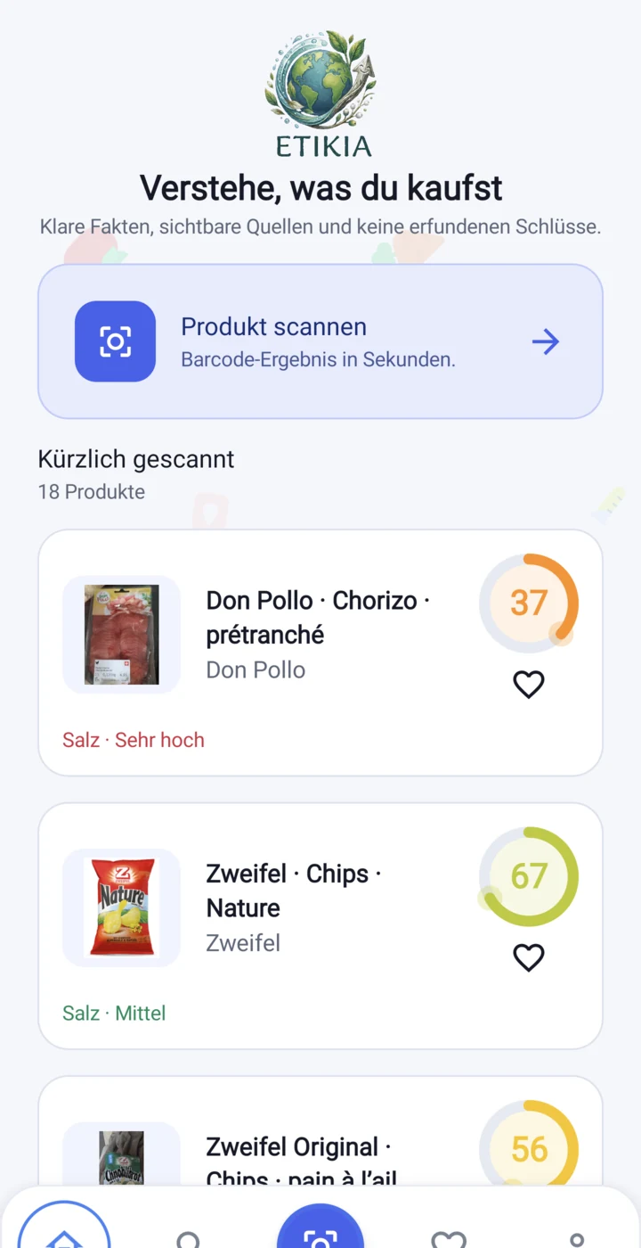 Startbildschirm der Etikia App