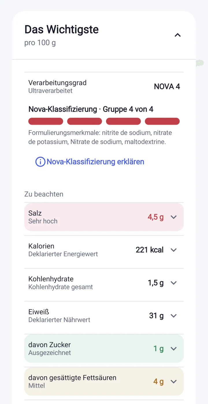 Nährwertprofil in der Etikia App
