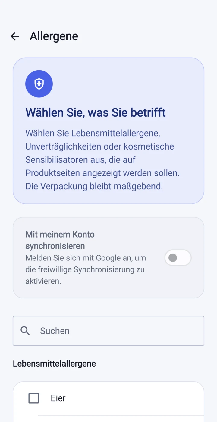 Einstellung der deklarierten Allergene in Etikia