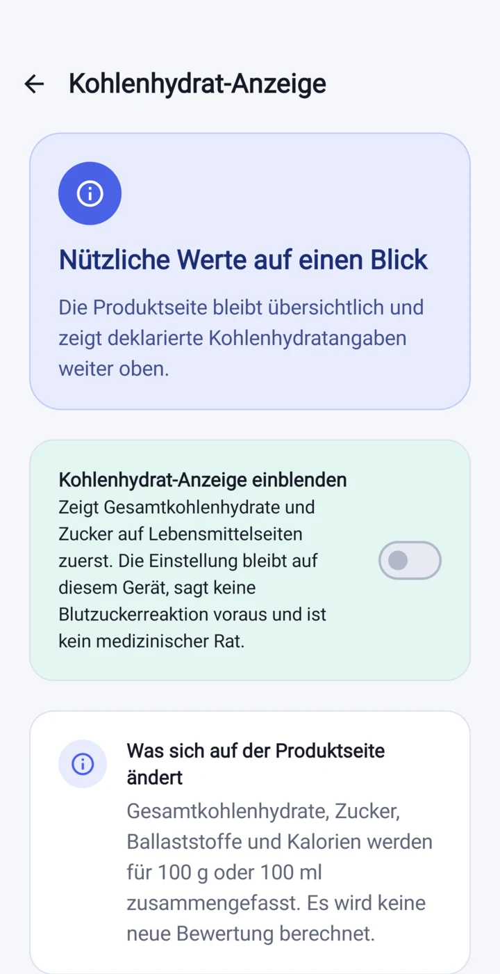 Einstellung des Kohlenhydrat-Hinweises in Etikia