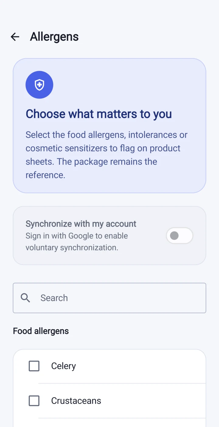 Declared allergen settings in Etikia