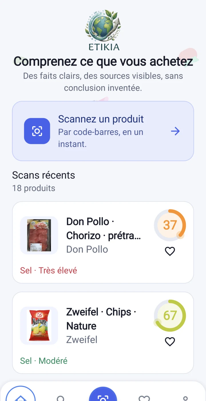 Accueil d’Etikia avec le scan et les produits récents