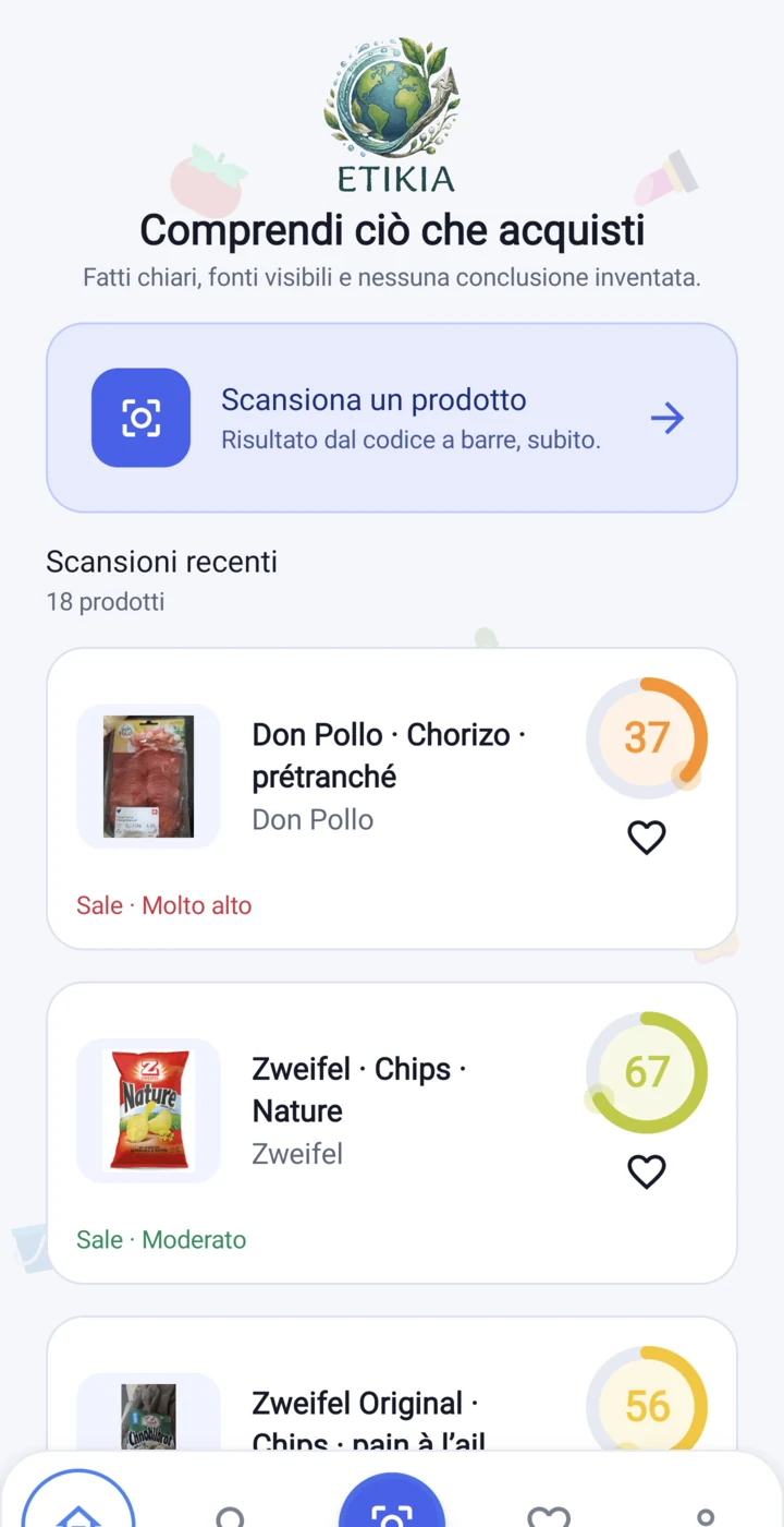 Schermata iniziale dell’app Etikia