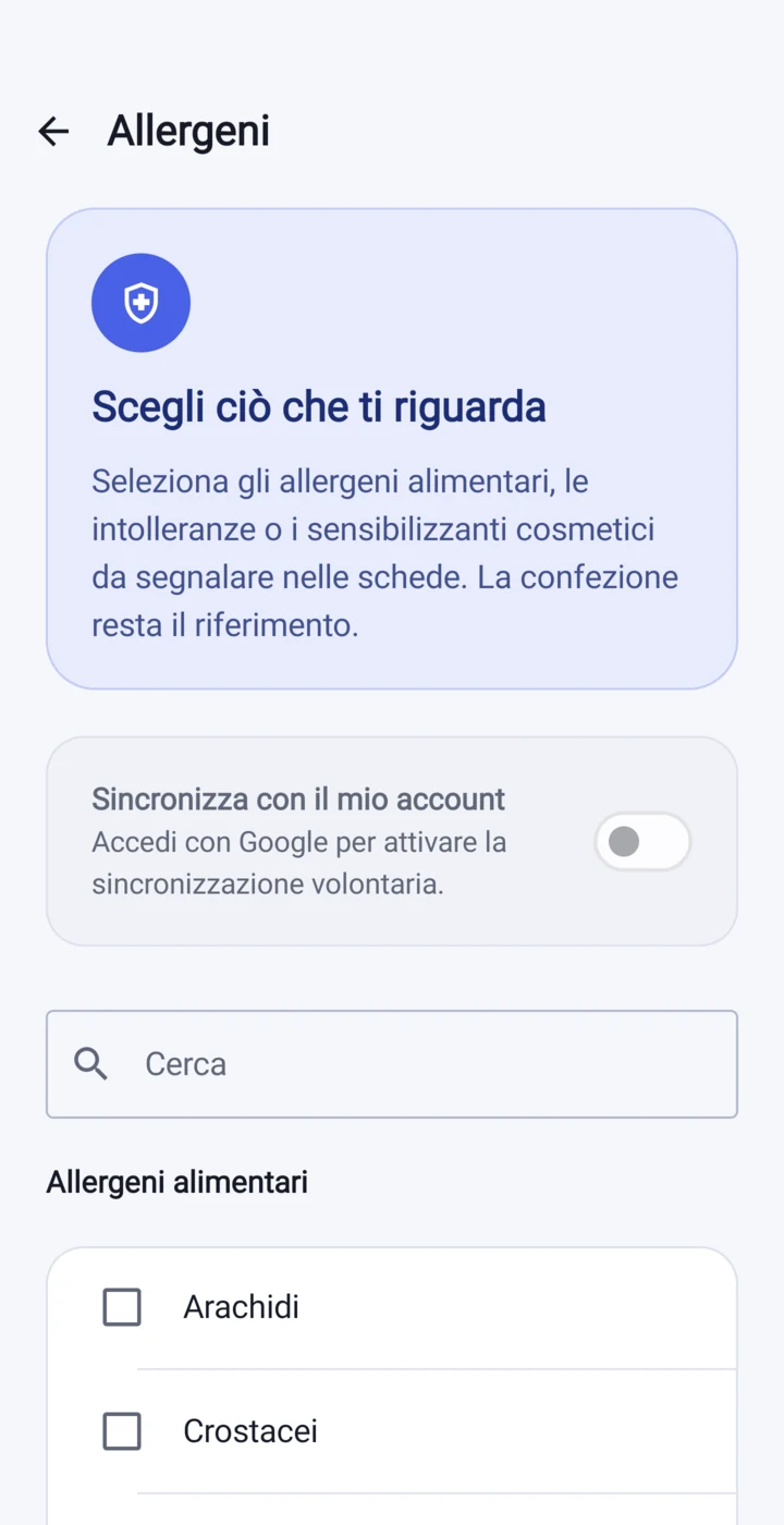 Impostazione degli allergeni dichiarati in Etikia