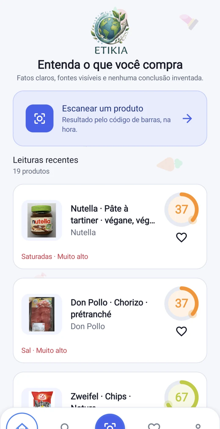 Ecrã inicial da aplicação Etikia