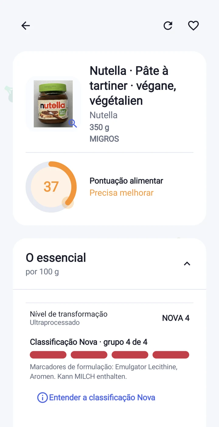 Ficha de produto na aplicação Etikia