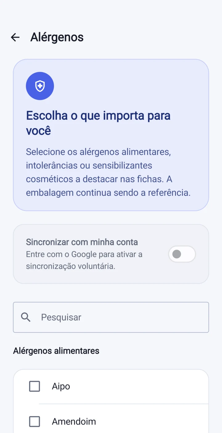 Definição dos alergénios declarados na Etikia