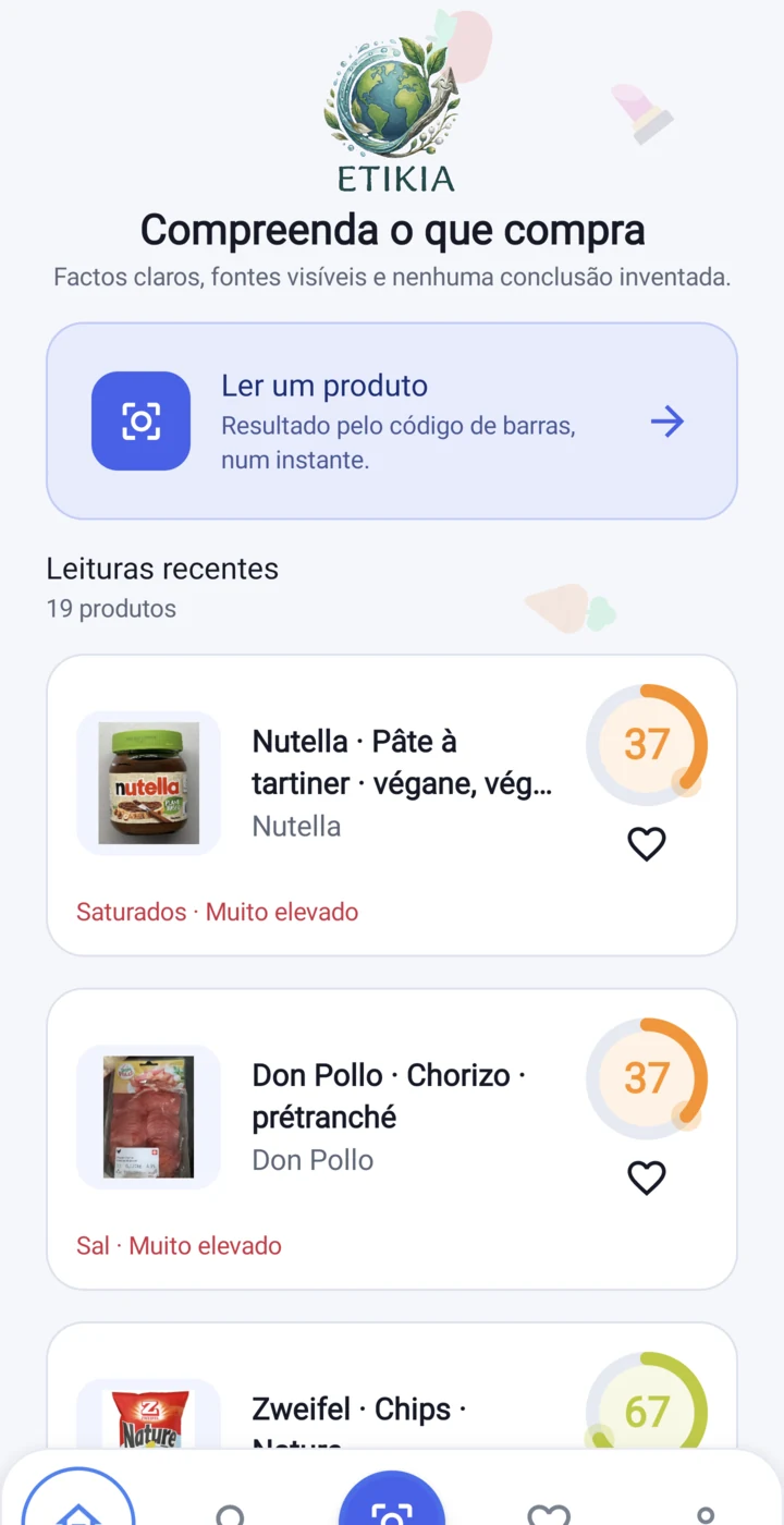 Ecrã inicial da aplicação Etikia