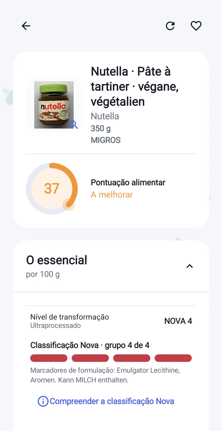 Ficha de produto na aplicação Etikia