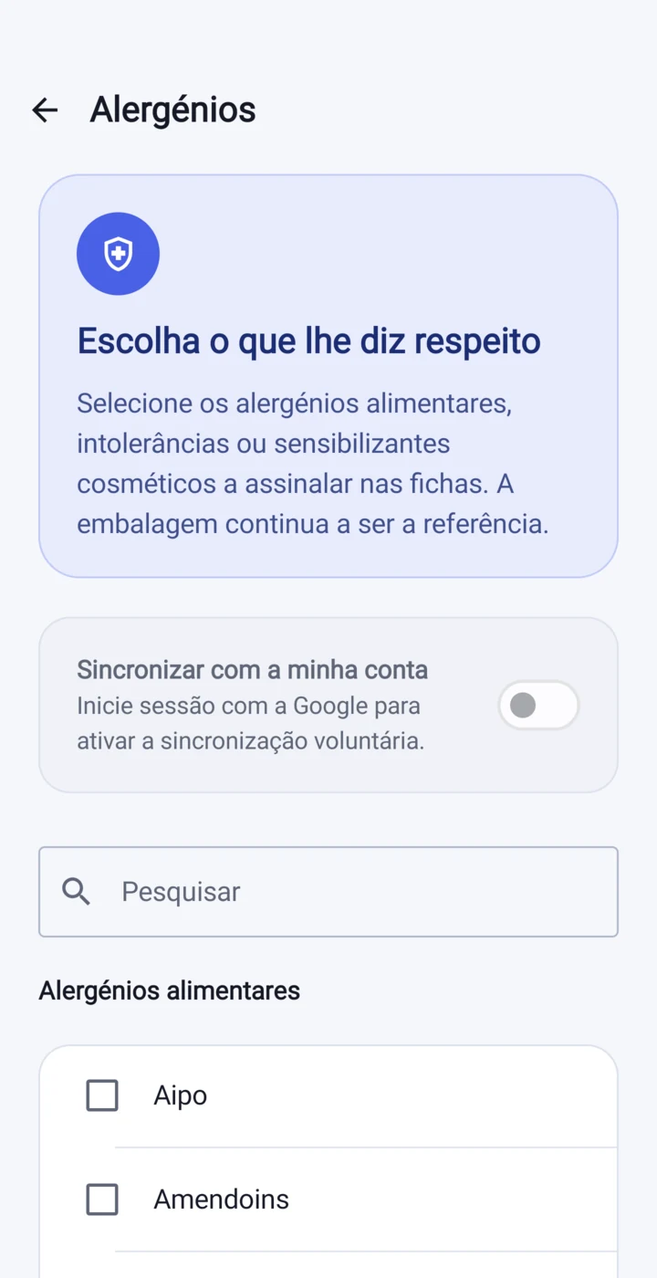 Definição dos alergénios declarados na Etikia