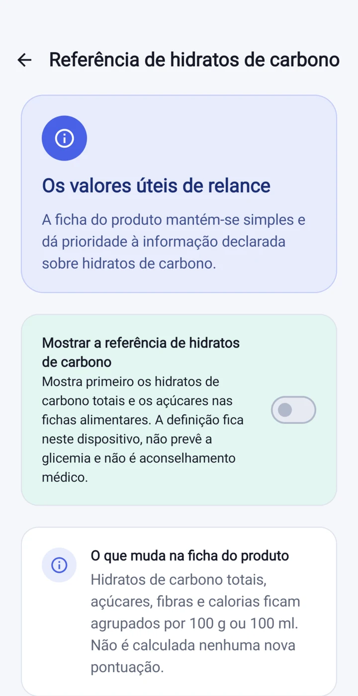 Definição do indicador de hidratos de carbono na Etikia